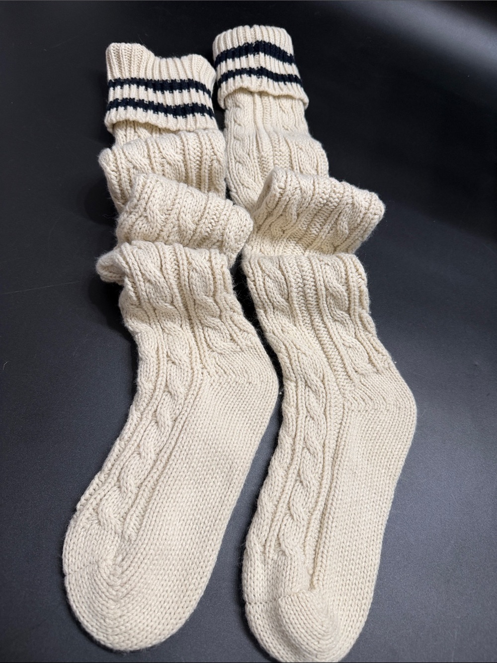 Free People Cream Cable Knit Socks with Navy Stripe Cuff